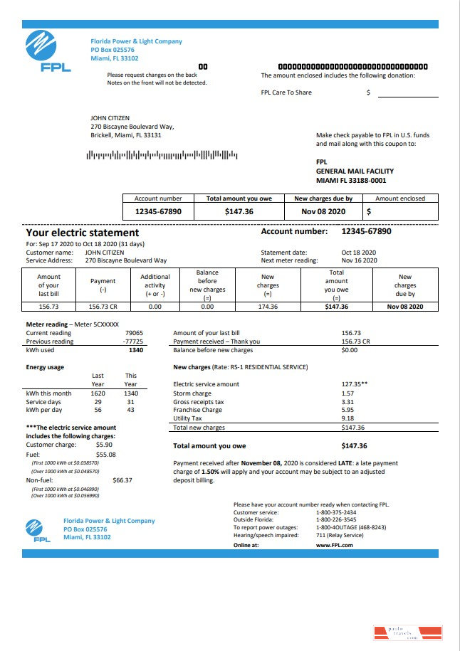 USA Florida Power & Light Company (FPL) electricity utility bill template in Word and PDF format